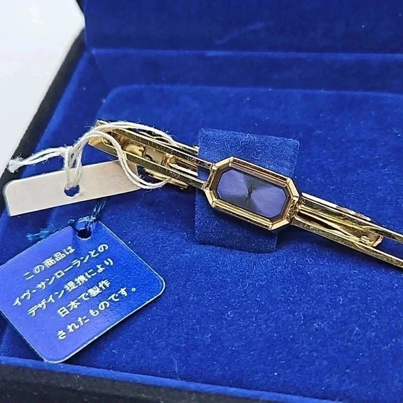 Yves Saint Laurent Gold Tone and Blue Tie Bar New in Box with Tags - Picture 2 of 6